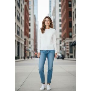 TCot Women's Cream Pleated Long Sleeve Crew Neck Knit Sweater Top Large chest 44